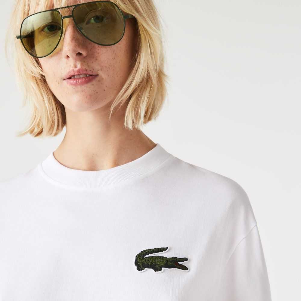 White Lacoste Loose Fit Large Crocodile Organic Cotton T-Shirt | BDMIOQ-258