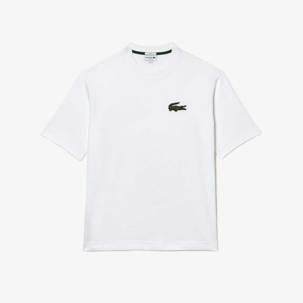 White Lacoste Loose Fit Large Crocodile Organic Cotton T-Shirt | BDMIOQ-258