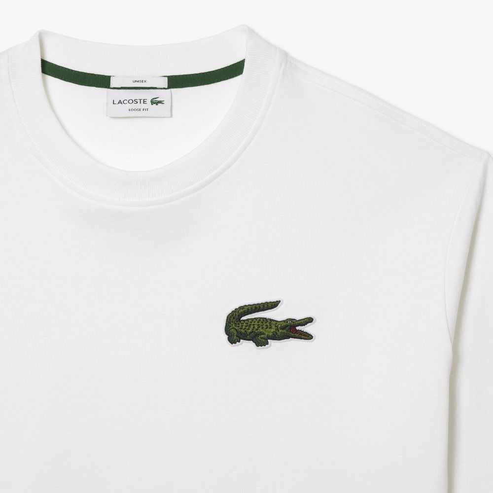 White Lacoste Loose Fit Large Crocodile Organic Cotton T-Shirt | BDMIOQ-258