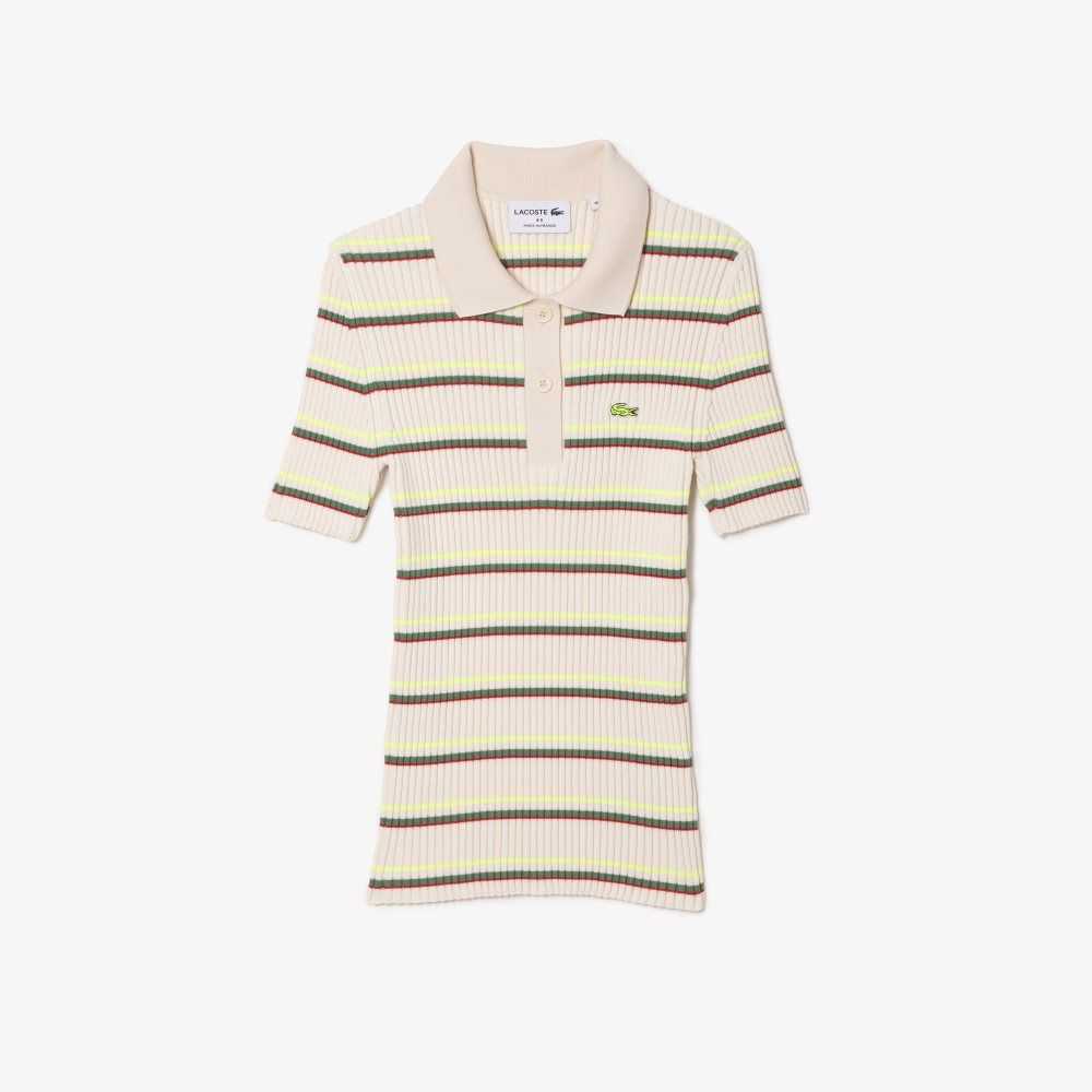 White Lacoste Organic Cotton French Made Striped Polo | ZFWTKX-421