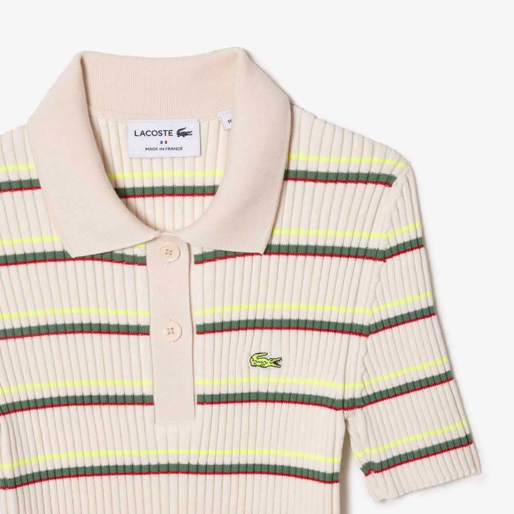 White Lacoste Organic Cotton French Made Striped Polo | ZFWTKX-421