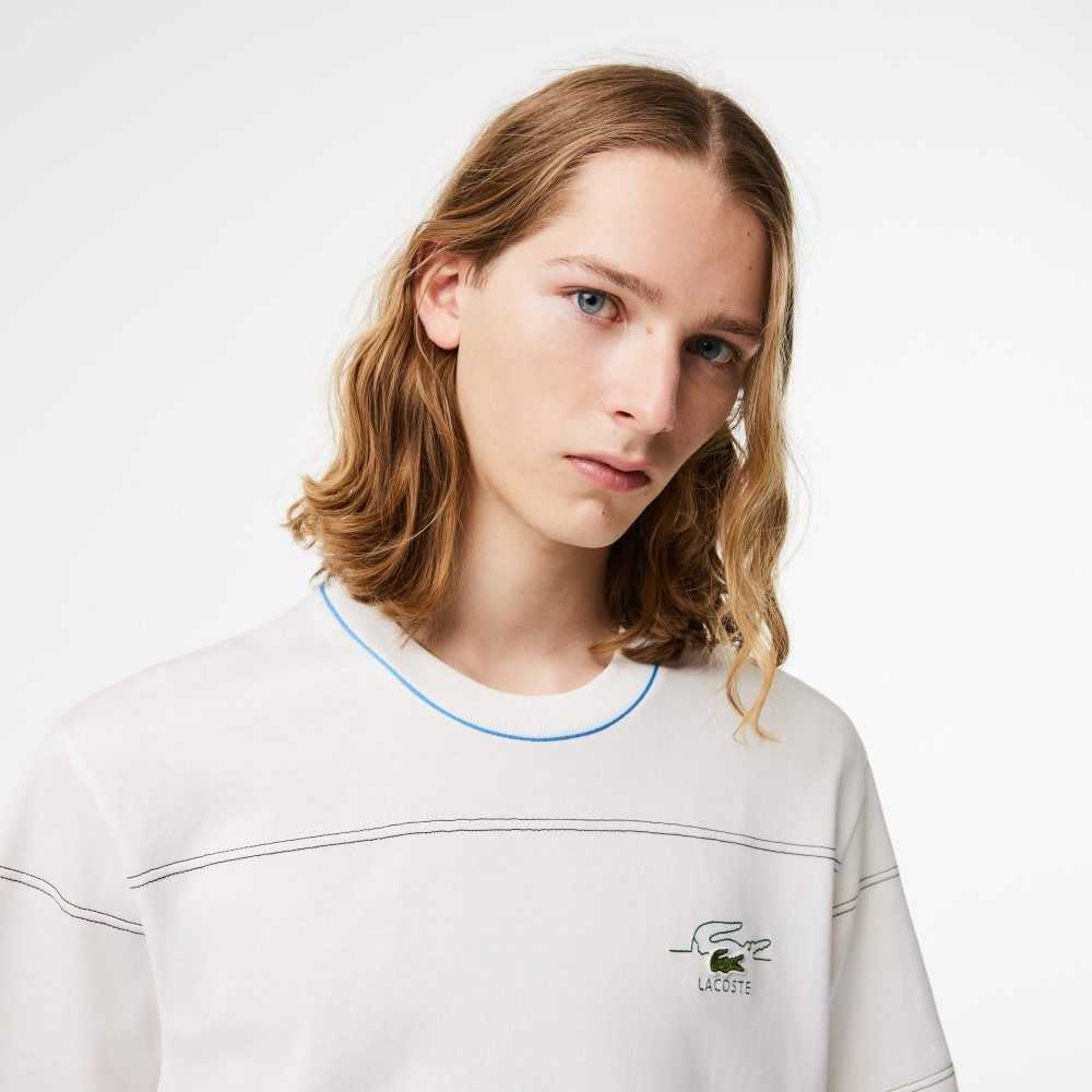 White Lacoste Organic Cotton Jersey Stripe T-Shirt | IRXPED-587