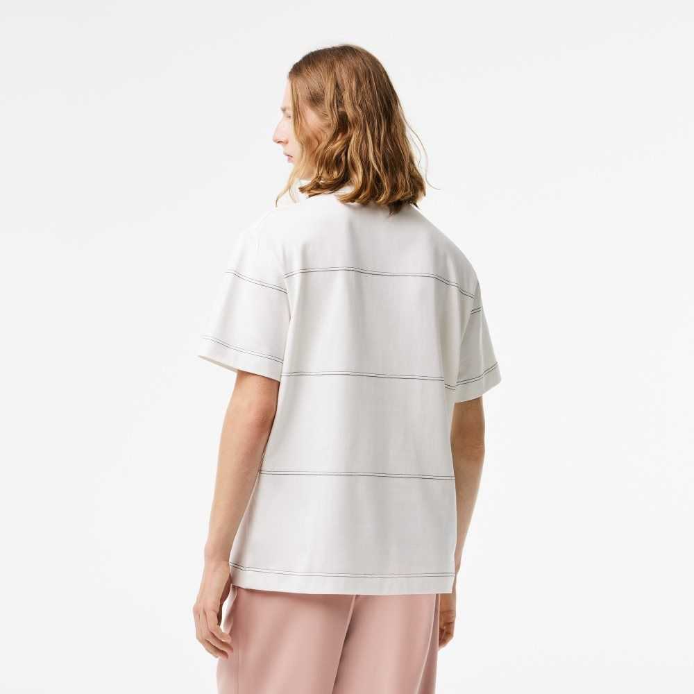 White Lacoste Organic Cotton Jersey Stripe T-Shirt | IRXPED-587