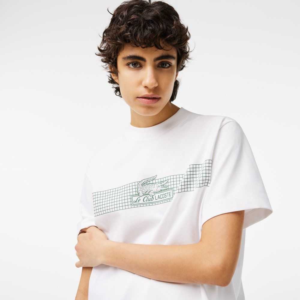 White Lacoste Oversized Net Print Jersey T-Shirt | CZPSYJ-671