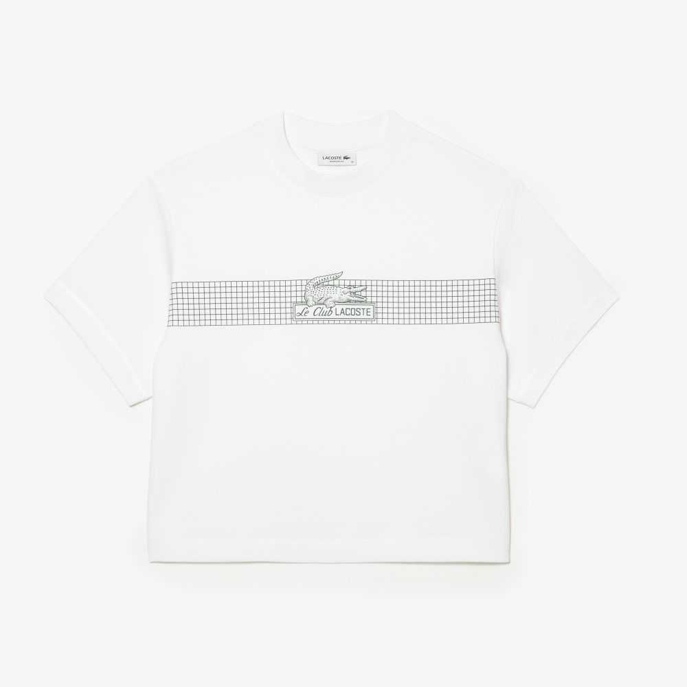 White Lacoste Oversized Net Print Jersey T-Shirt | CZPSYJ-671