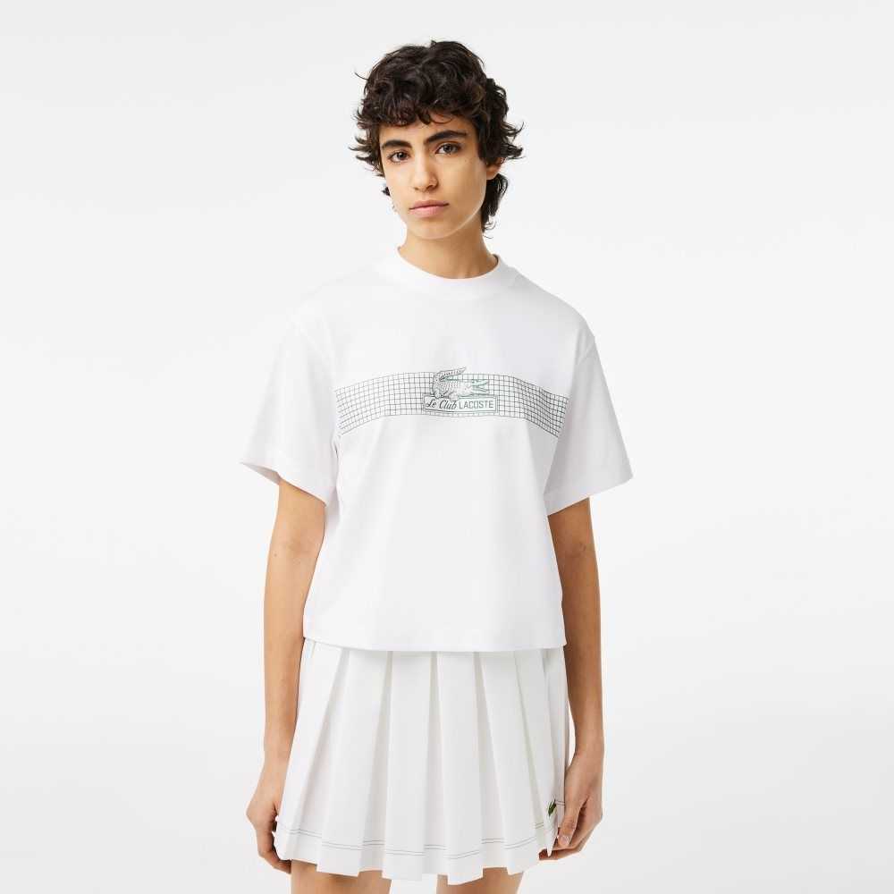 White Lacoste Oversized Net Print Jersey T-Shirt | CZPSYJ-671