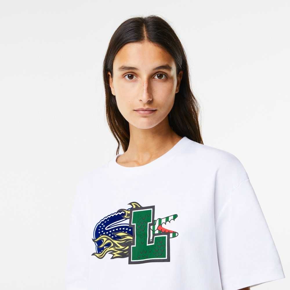 White Lacoste Oversized Organic Cotton T-Shirt | SKQUBD-857