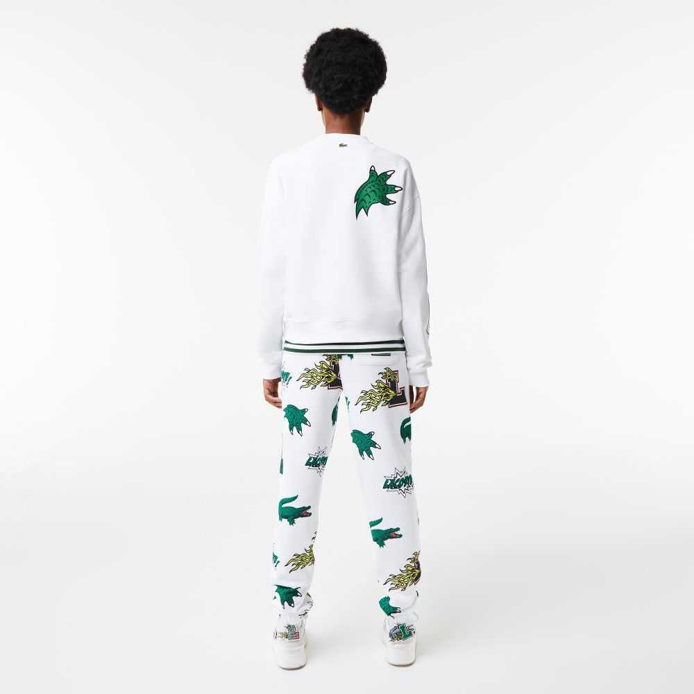 White Lacoste Oversized Print And Branded Sweatshirt | SZAGOT-426