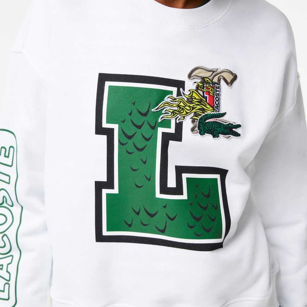 White Lacoste Oversized Print And Branded Sweatshirt | SZAGOT-426