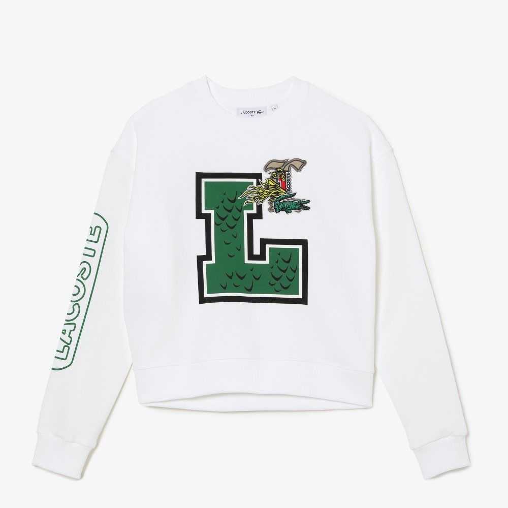 White Lacoste Oversized Print And Branded Sweatshirt | SZAGOT-426