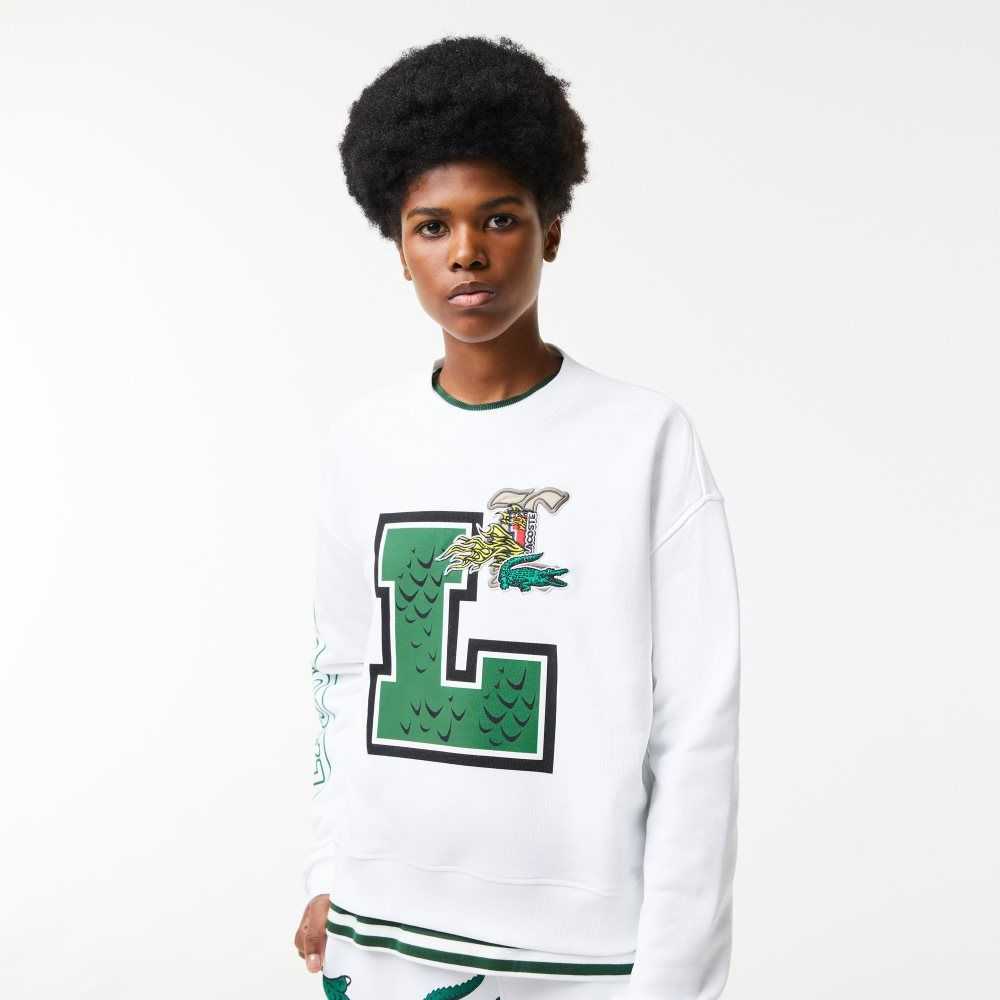 White Lacoste Oversized Print And Branded Sweatshirt | SZAGOT-426