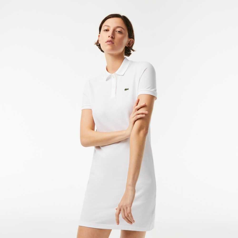 White Lacoste Pique Knit Polo Dress | FGZIDP-378