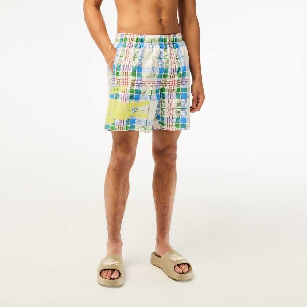 White Lacoste Quick-Dry Colored Check Swim Trunks | AHBUVJ-087