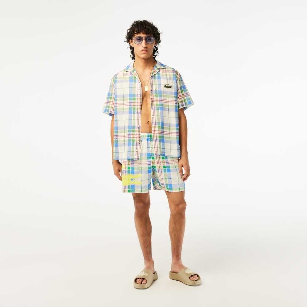 White Lacoste Quick-Dry Colored Check Swim Trunks | AHBUVJ-087