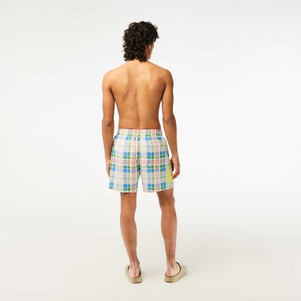 White Lacoste Quick-Dry Colored Check Swim Trunks | AHBUVJ-087