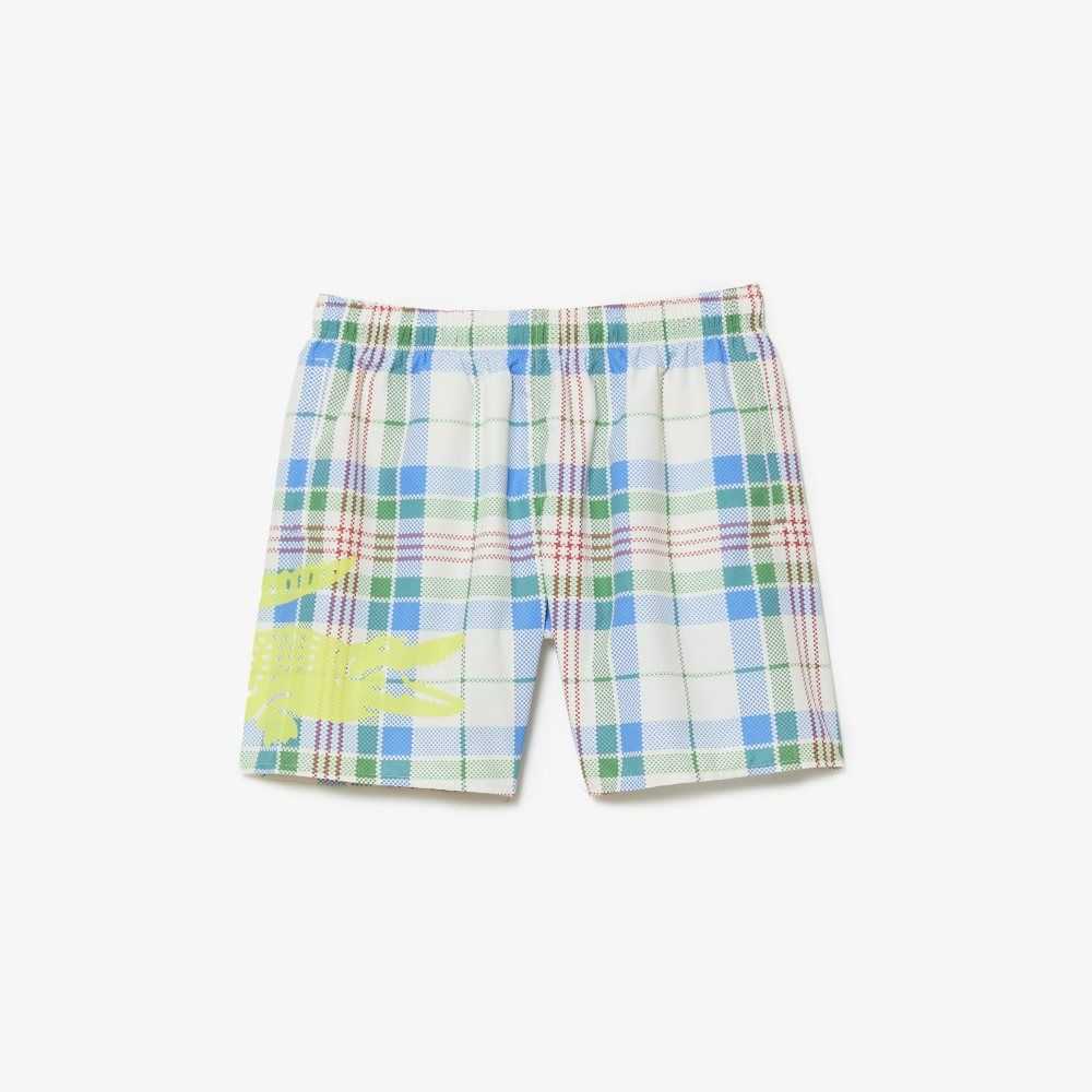 White Lacoste Quick-Dry Colored Check Swim Trunks | AHBUVJ-087