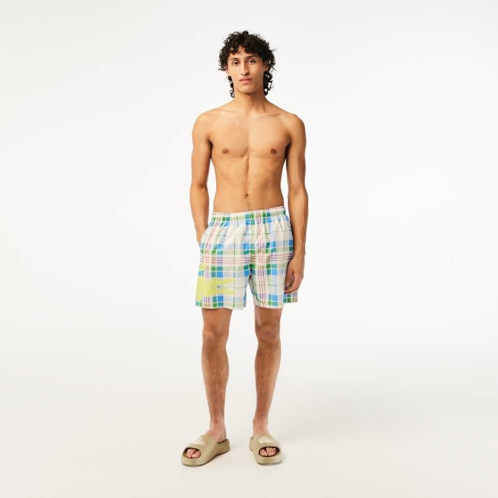 White Lacoste Quick-Dry Colored Check Swim Trunks | AHBUVJ-087