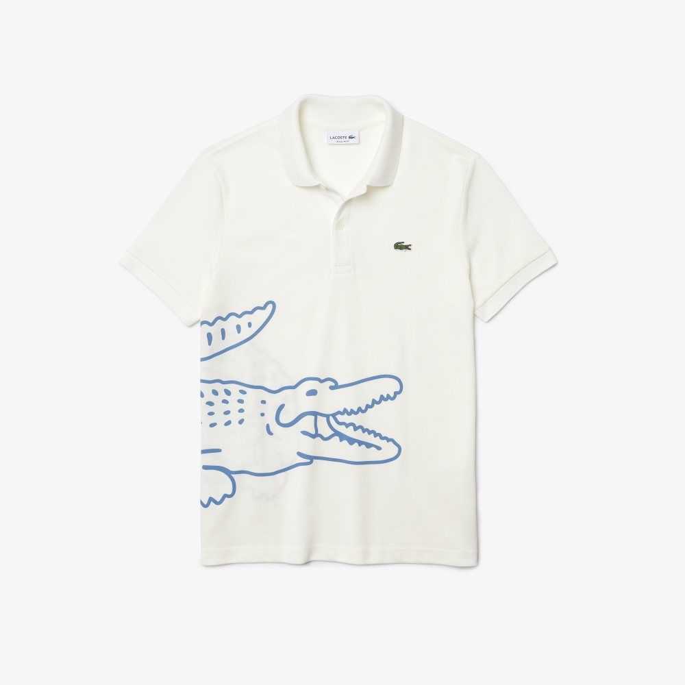 White Lacoste Regular Fit Crocodile Print Cotton Pique Polo | DYTRCX-456