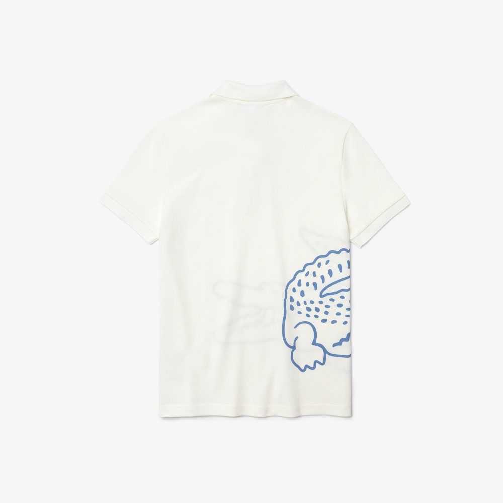 White Lacoste Regular Fit Crocodile Print Cotton Pique Polo | DYTRCX-456