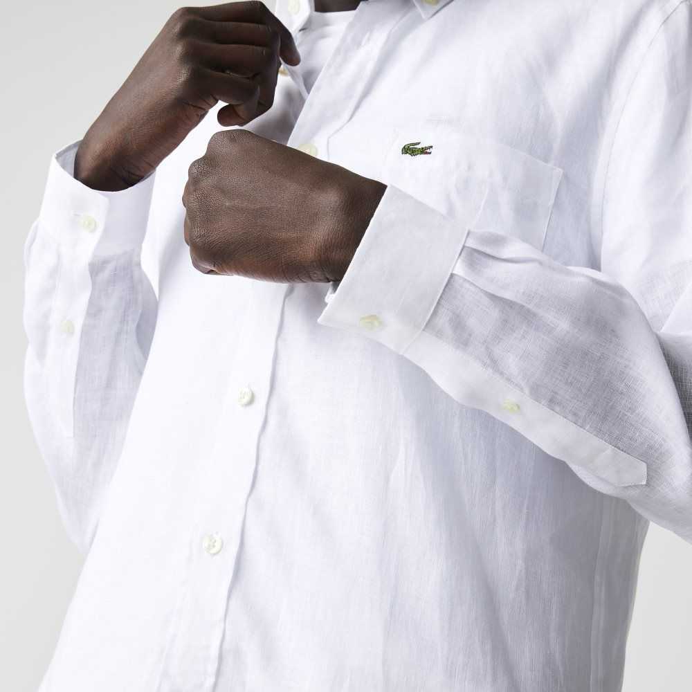 White Lacoste Regular Fit Linen Shirt | FVLBIC-589