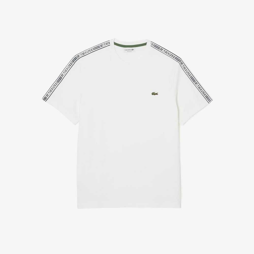 White Lacoste Regular Fit Logo Stripe T-Shirt | PGYZJH-736