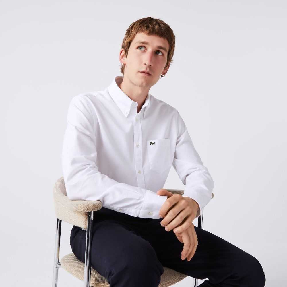 White Lacoste Regular Fit Oxford Cotton Shirt | MLAODX-459