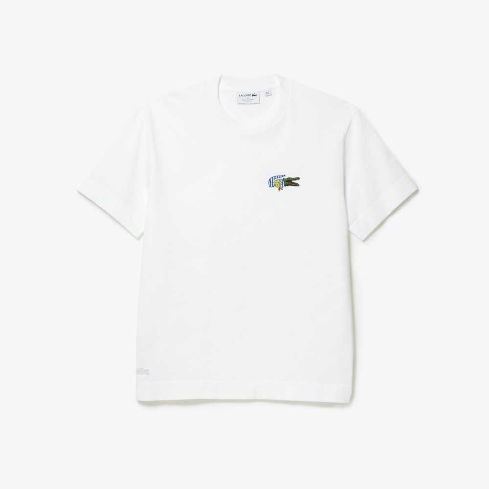 White Lacoste Relaxed Fit Comic Effect Badge T-Shirt | NPYTXO-759