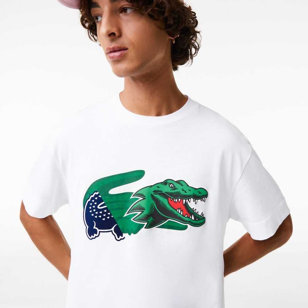 White Lacoste Relaxed Fit Oversized Crocodile T-Shirt | XMAUBL-104