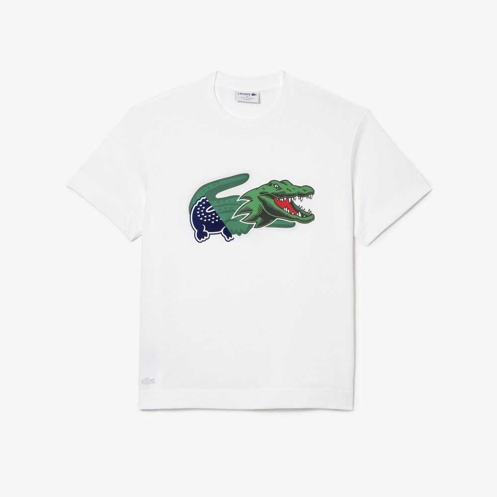 White Lacoste Relaxed Fit Oversized Crocodile T-Shirt | XMAUBL-104