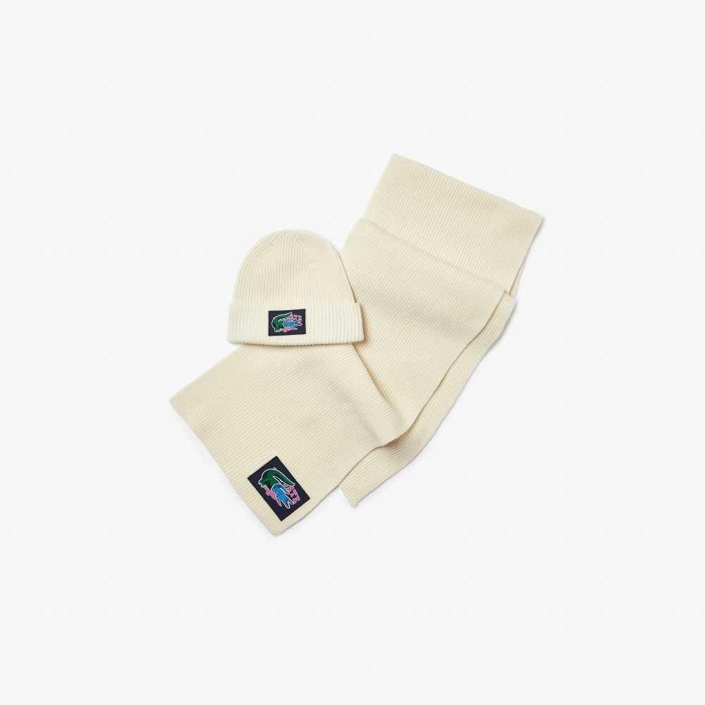 White Lacoste Ribbed Wool Beanie And Scarf Gift Set | MTKSER-230