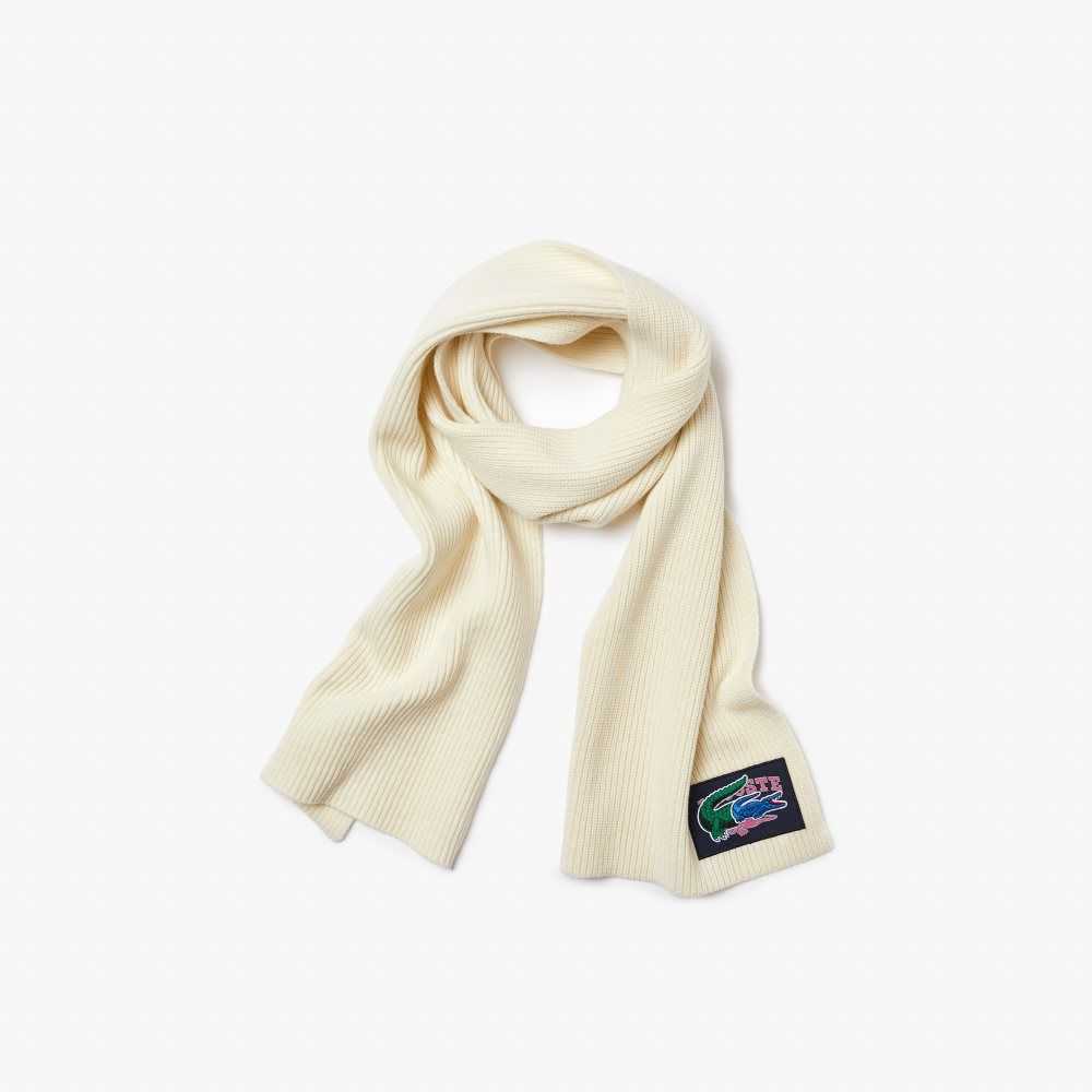 White Lacoste Ribbed Wool Beanie And Scarf Gift Set | MTKSER-230