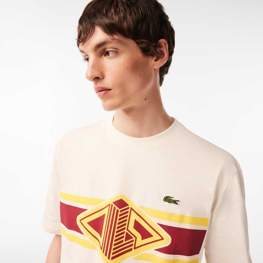 White Lacoste Round Neck Loose Fit Printed T-Shirt | RFJKBD-470