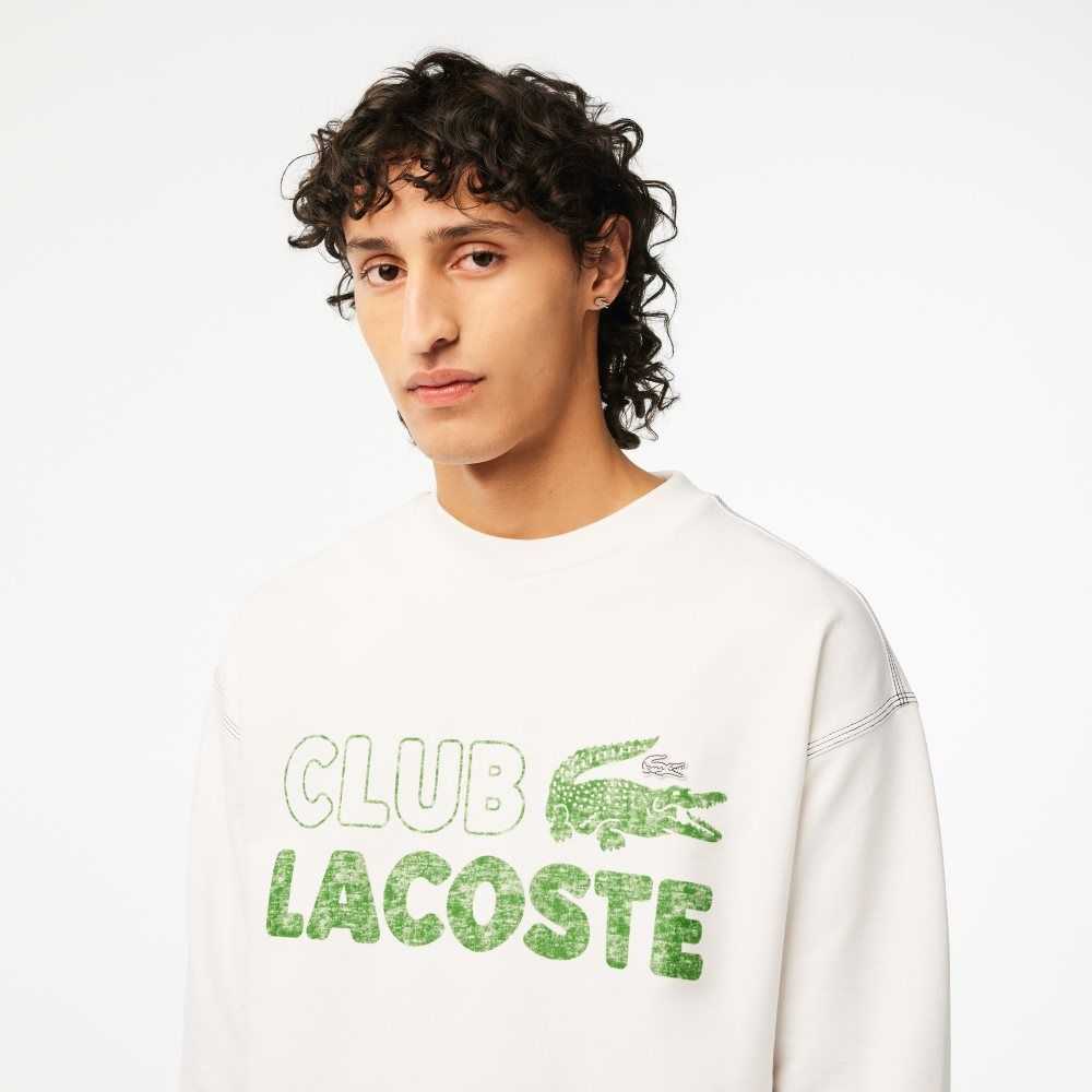 White Lacoste Round Neck Loose Fit Vintage Print Sweatshirt | CFRGPU-516