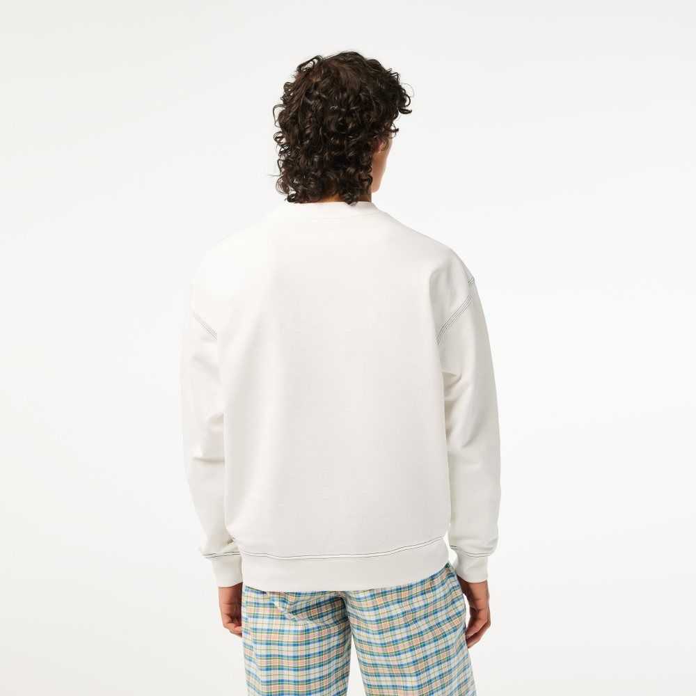 White Lacoste Round Neck Loose Fit Vintage Print Sweatshirt | CFRGPU-516