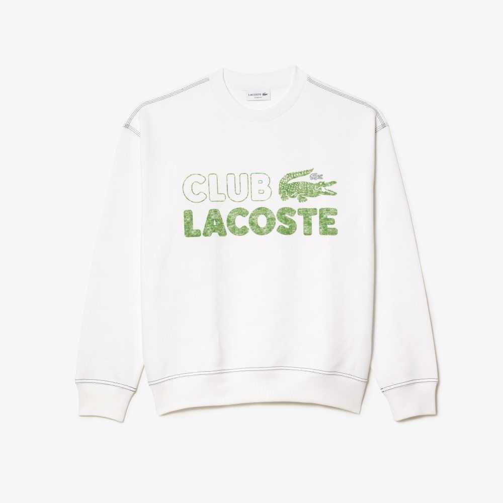 White Lacoste Round Neck Loose Fit Vintage Print Sweatshirt | CFRGPU-516