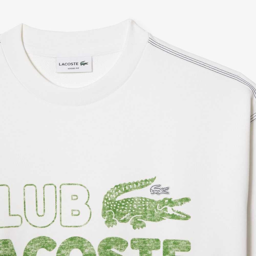 White Lacoste Round Neck Loose Fit Vintage Print Sweatshirt | CFRGPU-516