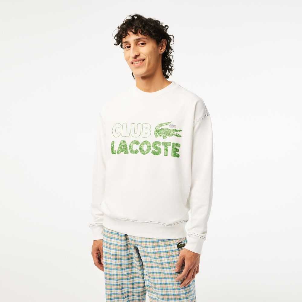 White Lacoste Round Neck Loose Fit Vintage Print Sweatshirt | CFRGPU-516