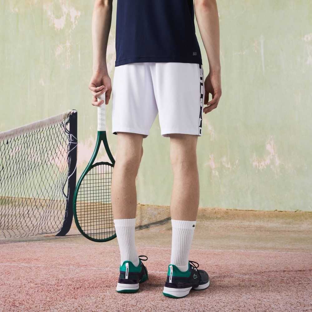 White Lacoste SPORT Contrast Print Tennis Shorts | CXFLUZ-783