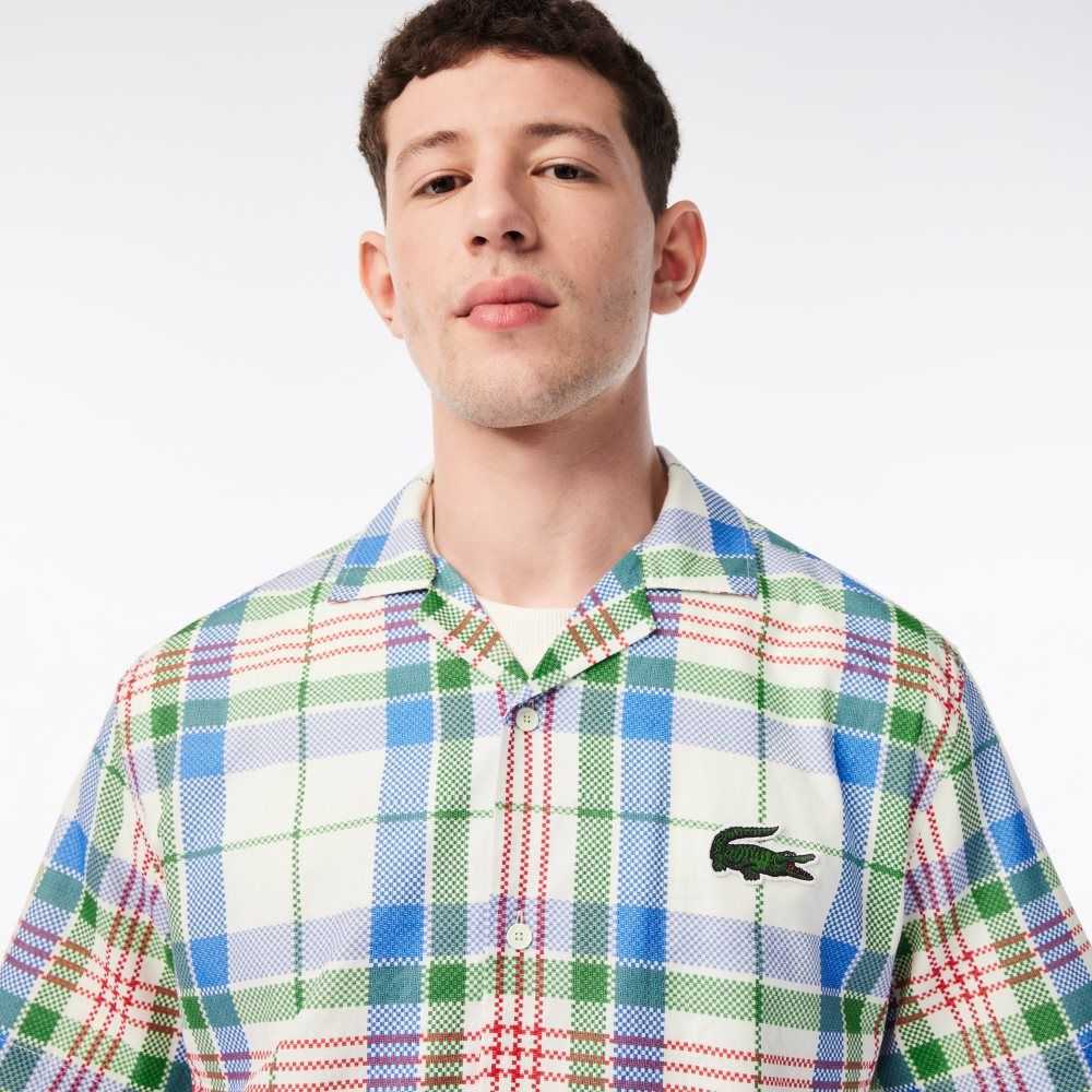 White Lacoste Short Sleeve Organic Cotton Check Shirt | EDQUHA-468