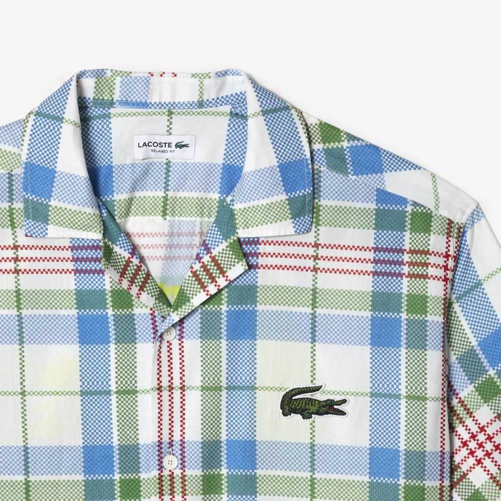 White Lacoste Short Sleeve Organic Cotton Check Shirt | EDQUHA-468