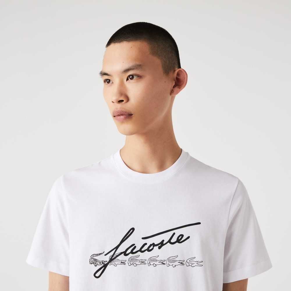 White Lacoste Signature And Crocodile Print Crew Neck Cotton T-Shirt | ZUVWGH-203