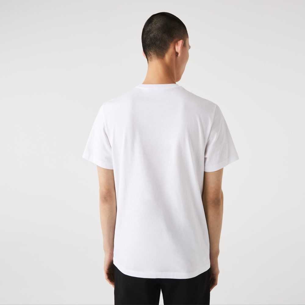 White Lacoste Signature And Crocodile Print Crew Neck Cotton T-Shirt | ZUVWGH-203