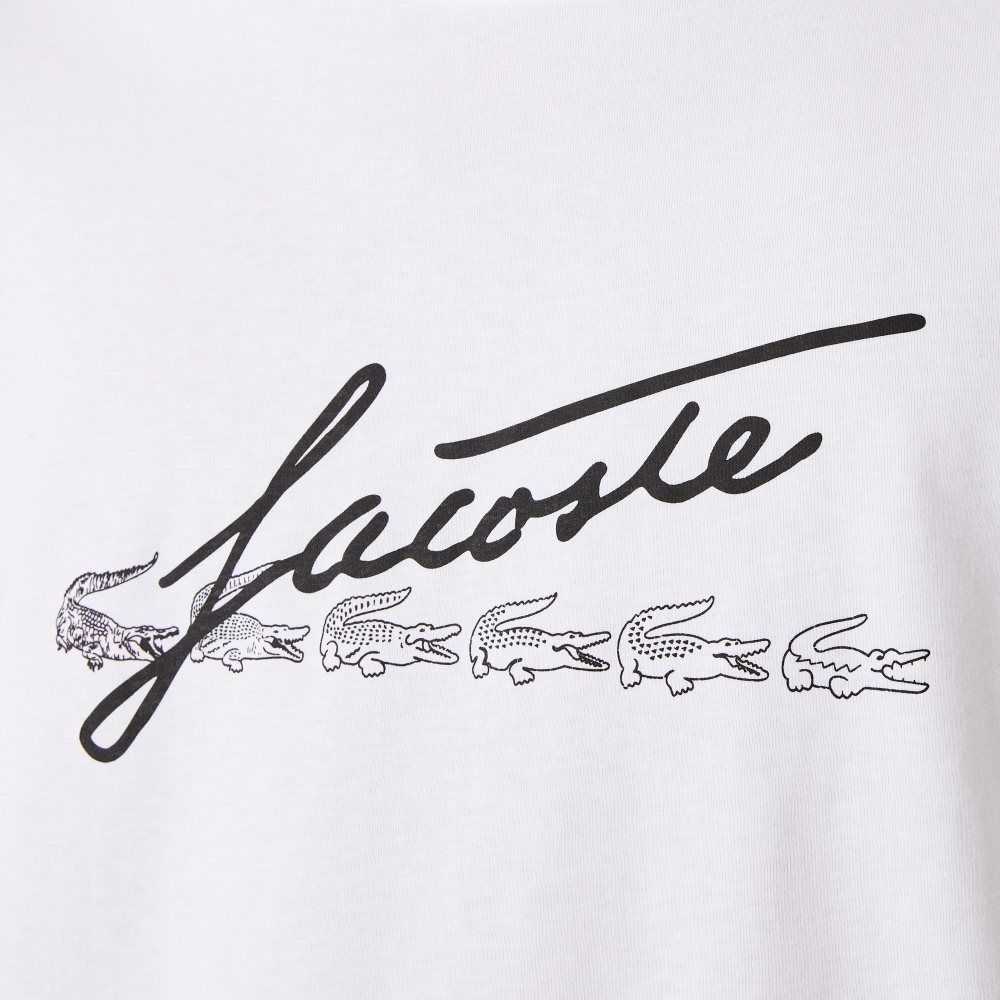 White Lacoste Signature And Crocodile Print Crew Neck Cotton T-Shirt | ZUVWGH-203