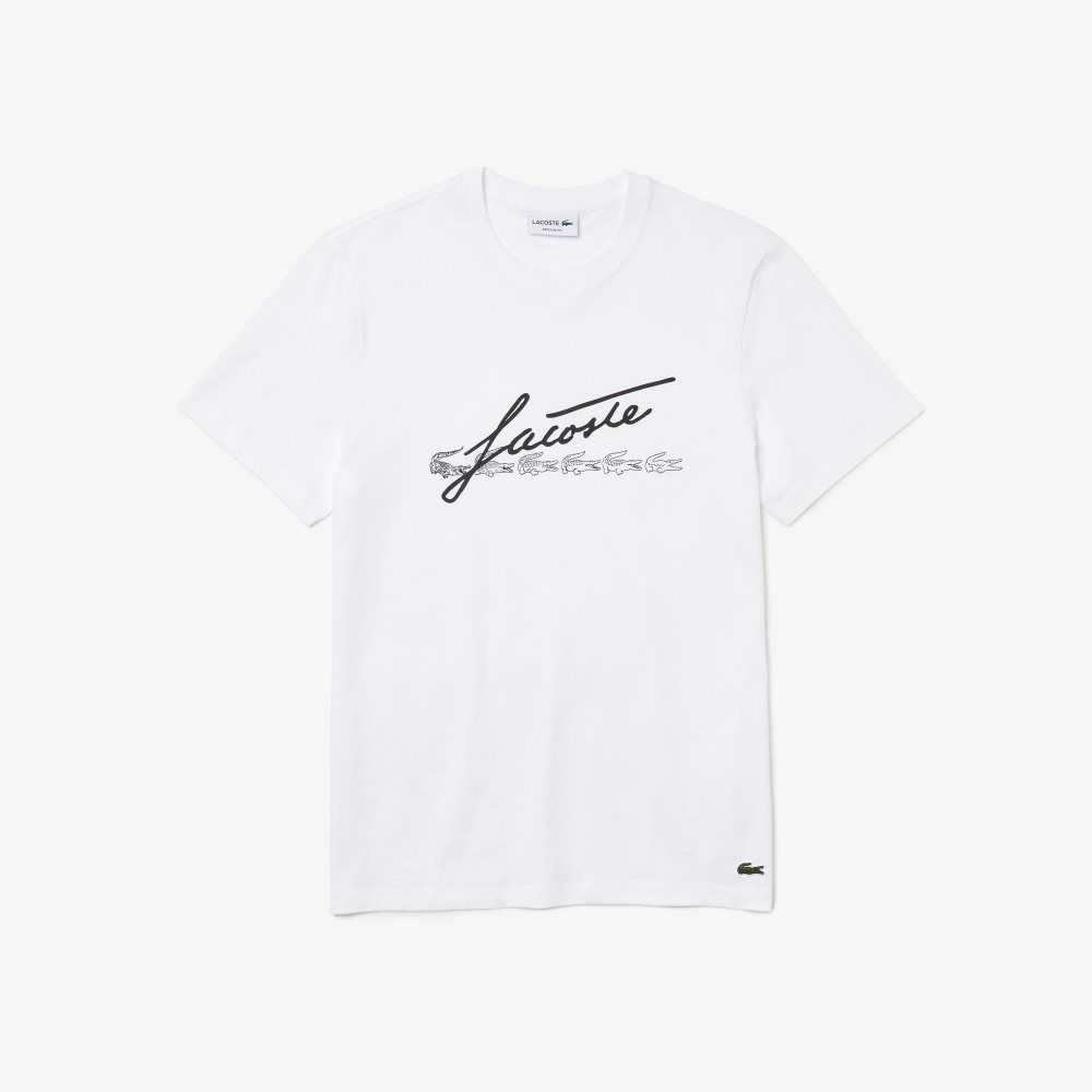 White Lacoste Signature And Crocodile Print Crew Neck Cotton T-Shirt | ZUVWGH-203