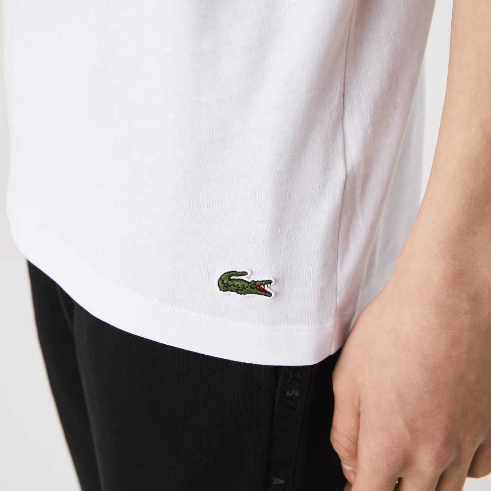 White Lacoste Signature And Crocodile Print Crew Neck Cotton T-Shirt | ZUVWGH-203