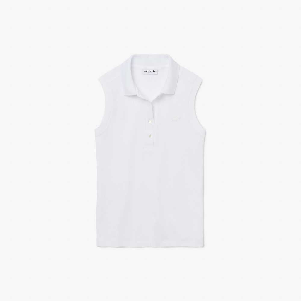 White Lacoste Slim Fit Sleeveless Cotton Pique Polo Shirt | RBUQHC-685