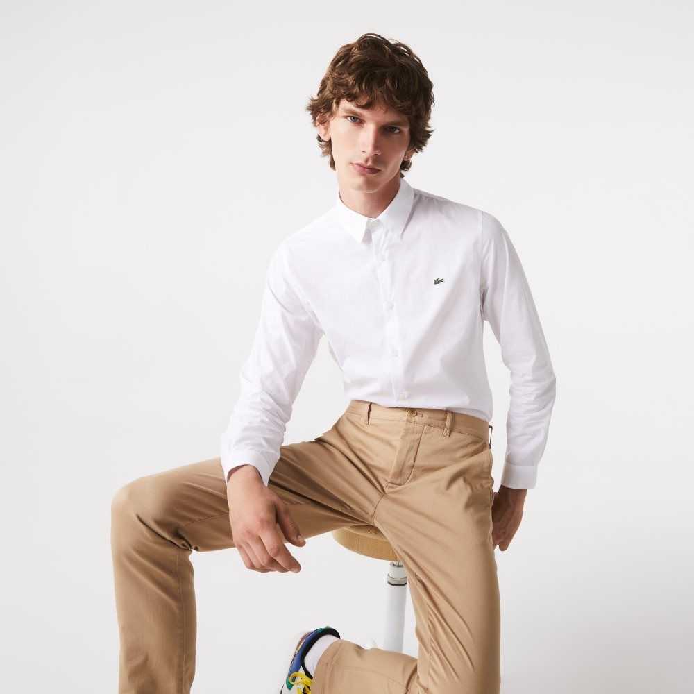 White Lacoste Slim Fit Stretch Cotton Poplin Shirt | FYVPXU-467