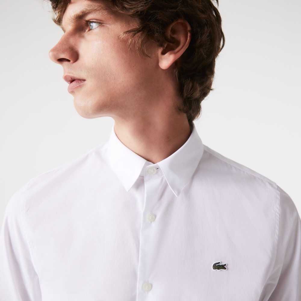 White Lacoste Slim Fit Stretch Cotton Poplin Shirt | FYVPXU-467