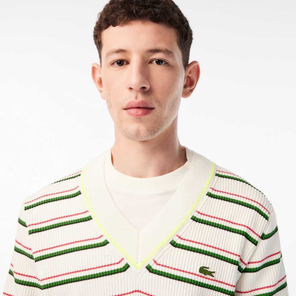 White Lacoste Striped French Made V-Neck Sweater | NZSHBD-731