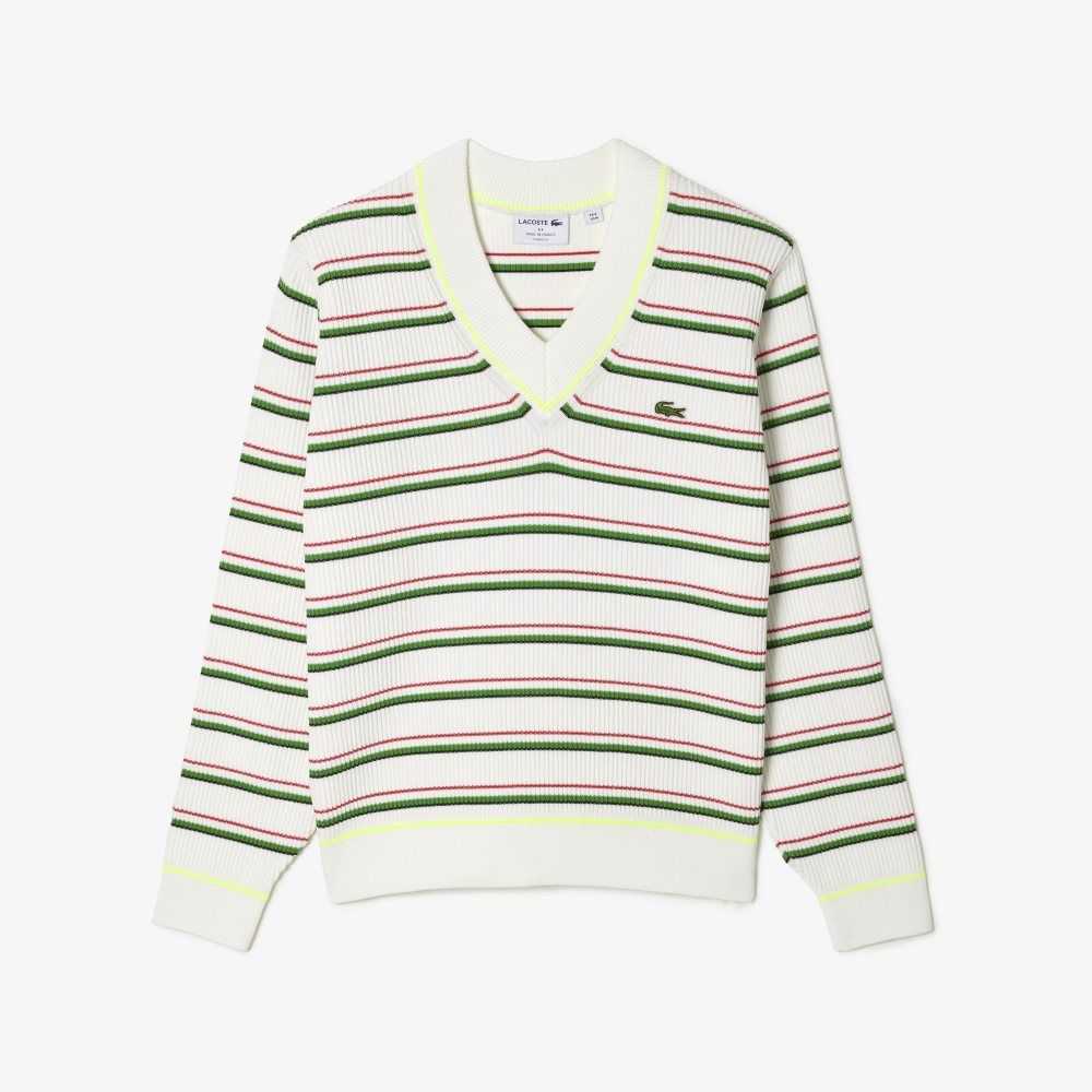 White Lacoste Striped French Made V-Neck Sweater | NZSHBD-731